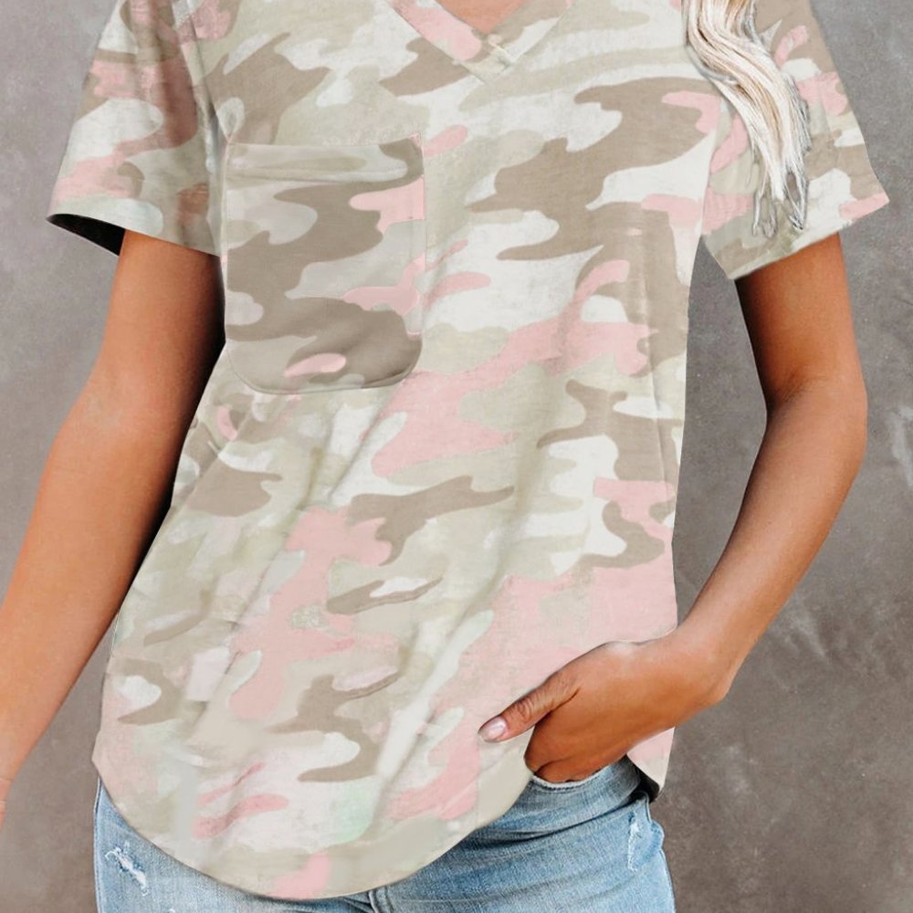 Dreamkue Pink Camouflage Print V Neck Tee with Pocket - Picture 5 of 10